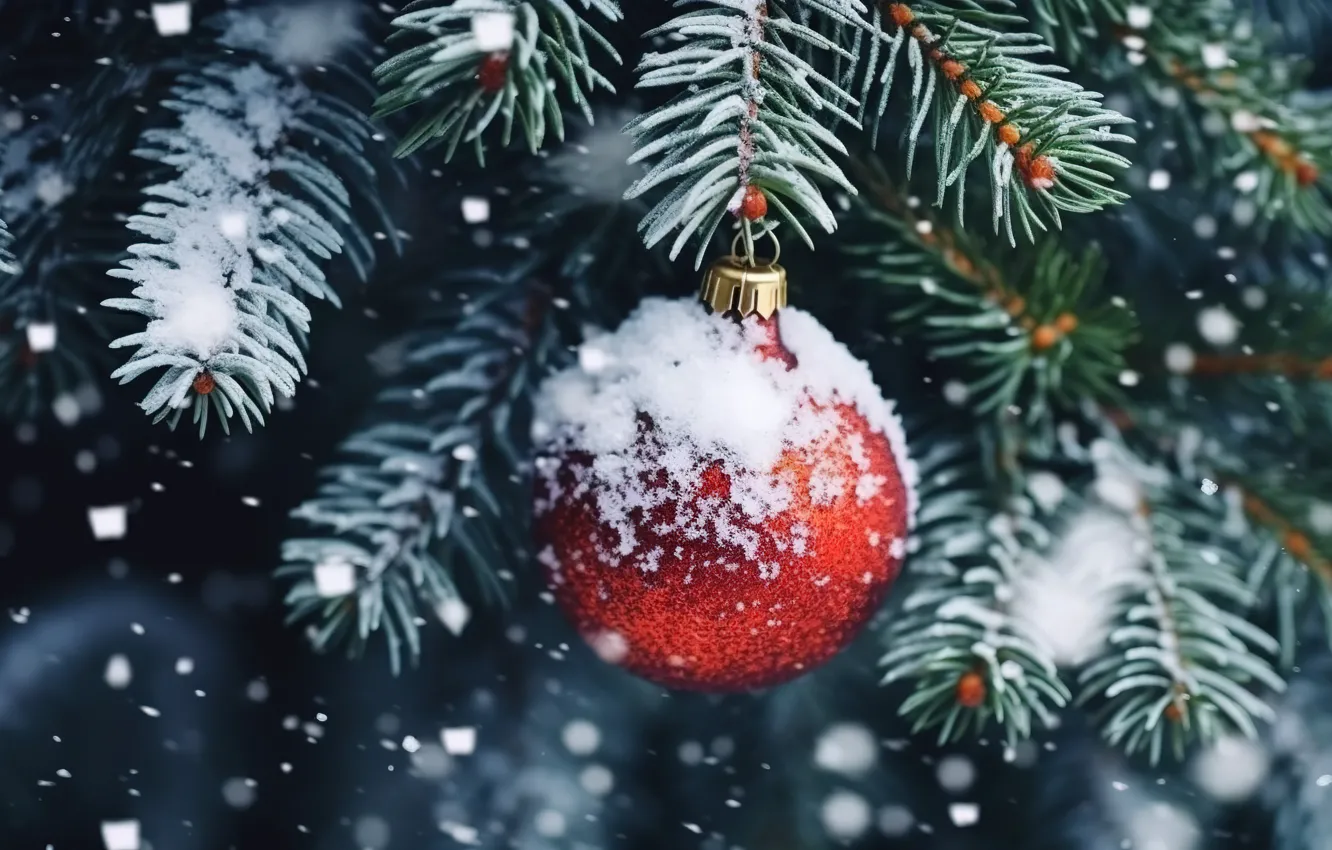 Фото обои зима, снег, фон, елка, шар, Новый Год, Рождество, new year