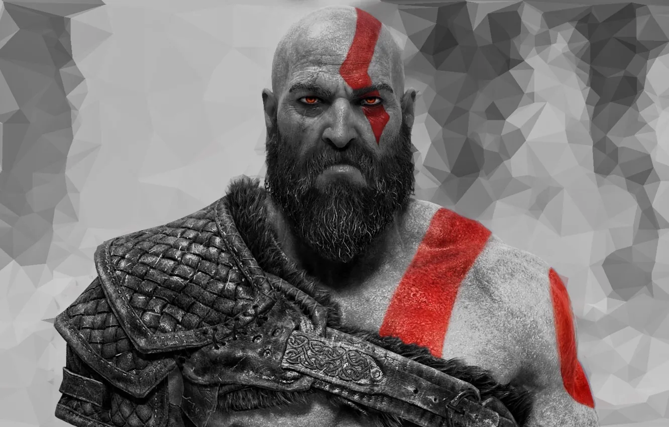 Фото обои god of war, weapon, kratos, red eyes, man, pose, viking, spartan