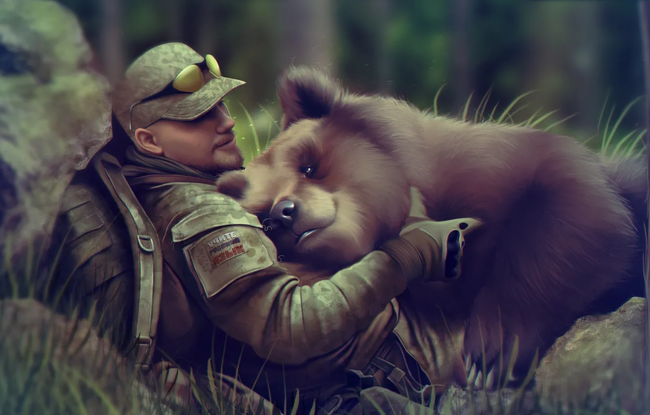 Фото обои лес, человек, медведь, арт, очки, мужчина, кепка, зверь