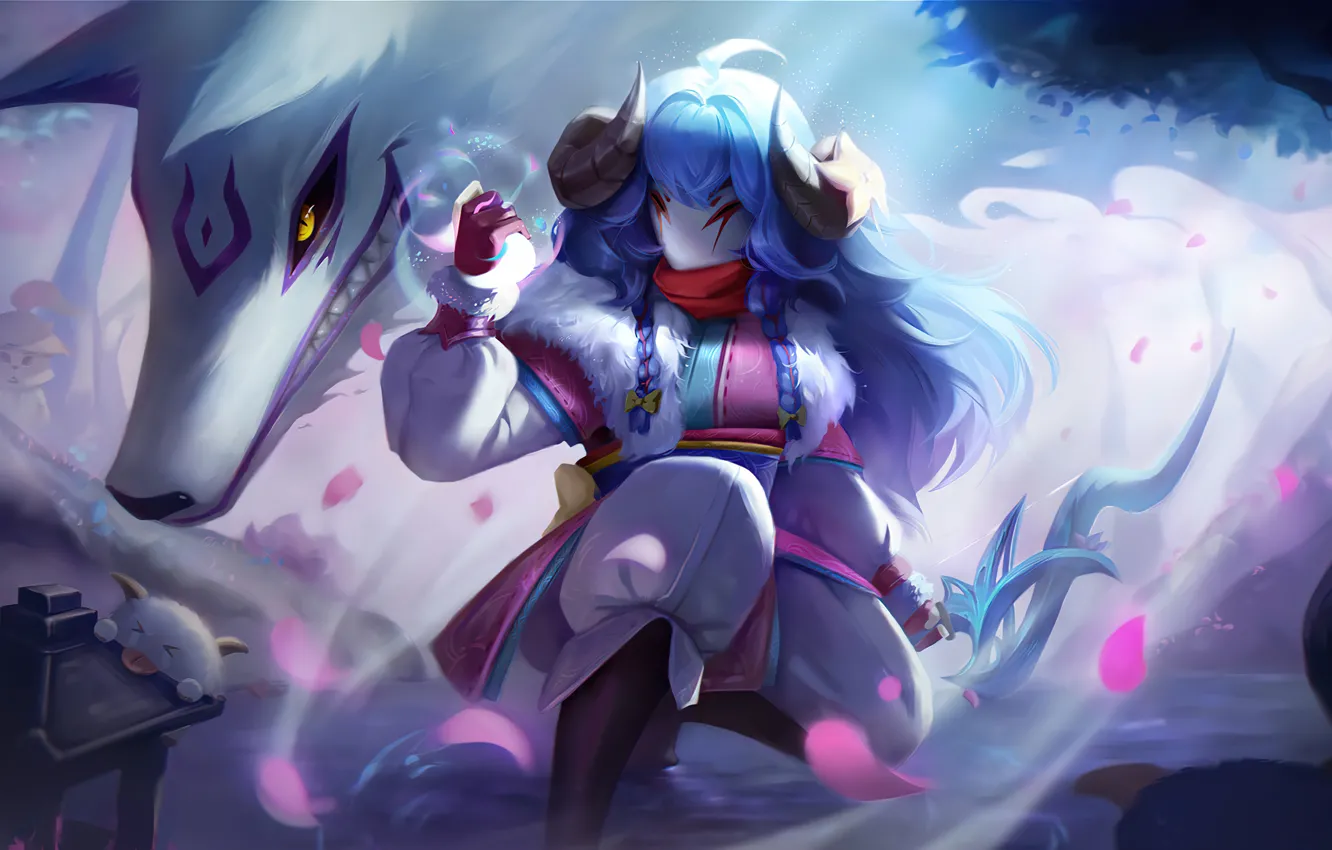 Фото обои Art, Game, League of Legends, Skin, LoL, Riot Games, Kindred, Spirit Blossom