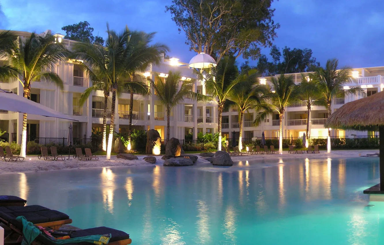 Фото обои пальмы, бассейн, отель, курорт