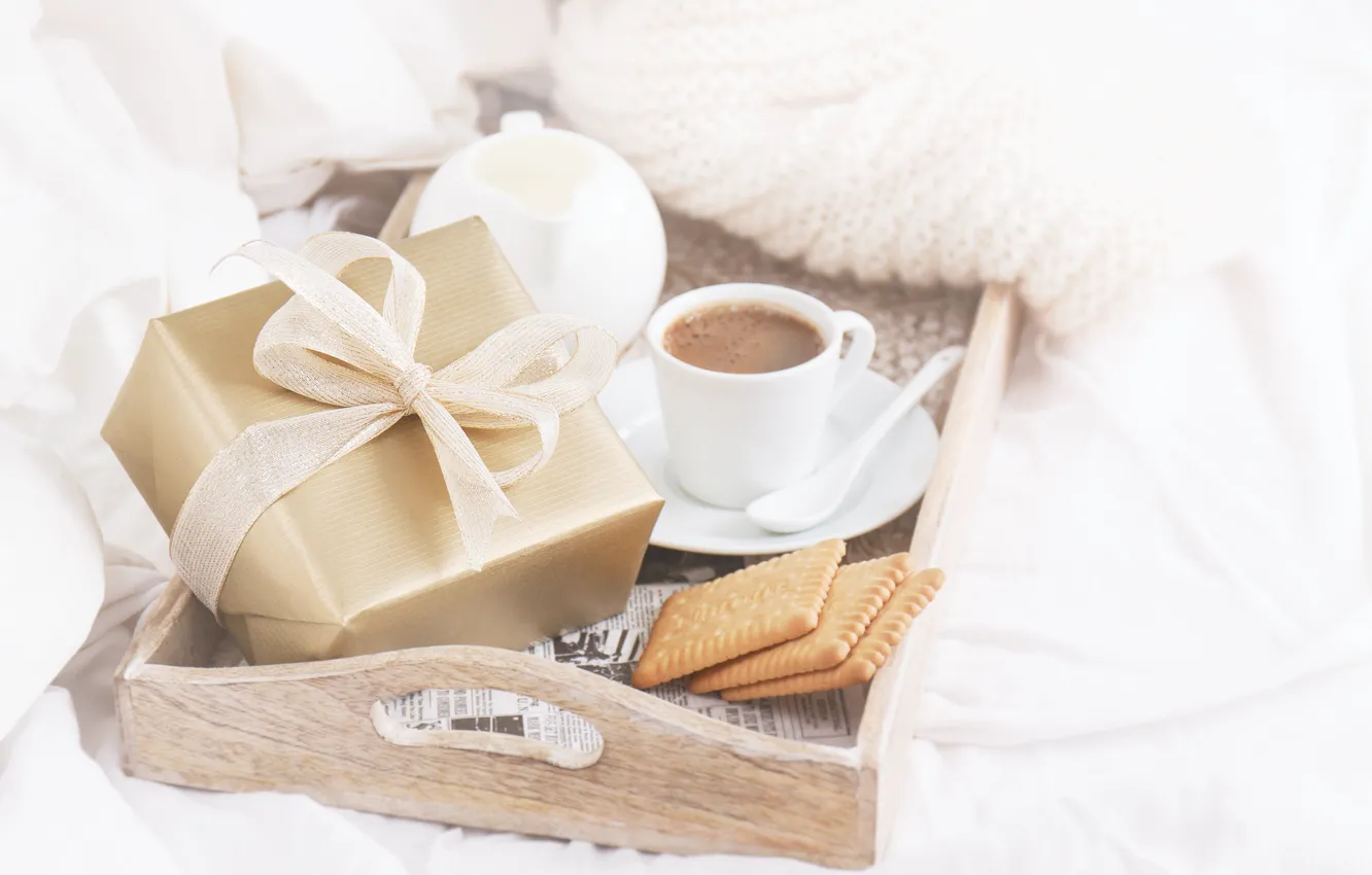 Фото обои подарок, кофе, молоко, печенье, завтрак в постель, Valeria Aksakova