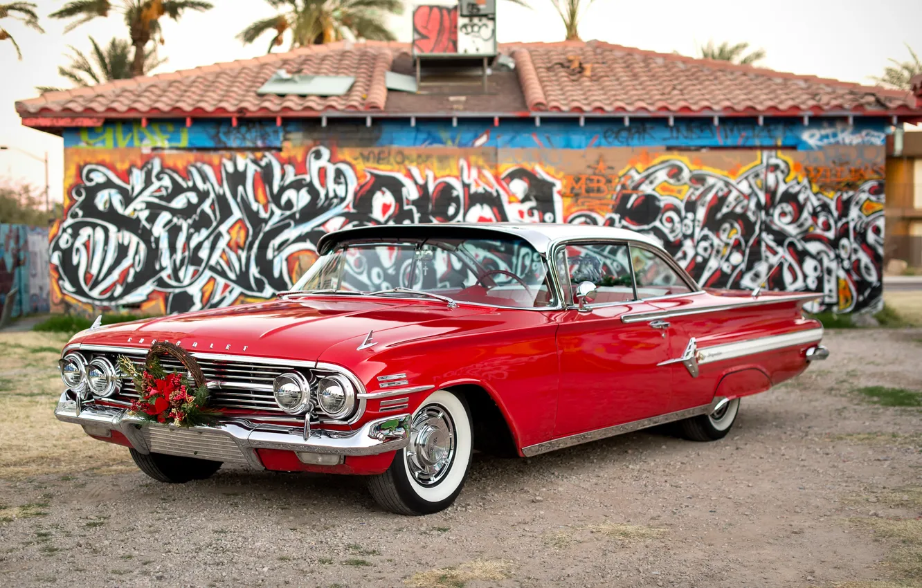 Фото обои красный, Chevrolet, 1960, передок, Impala