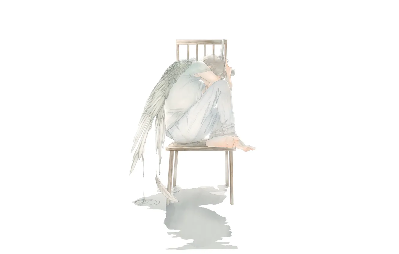 Фото обои капли, пистолет, крылья, ангел, арт, стул, парень