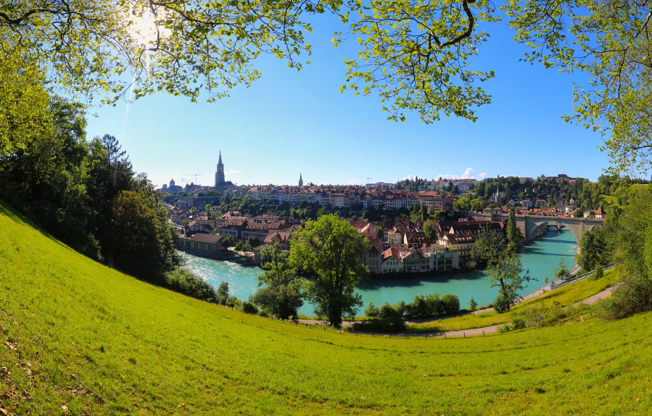 Фото обои деревья, мост, река, здания, дома, Швейцария, панорама, Switzerland