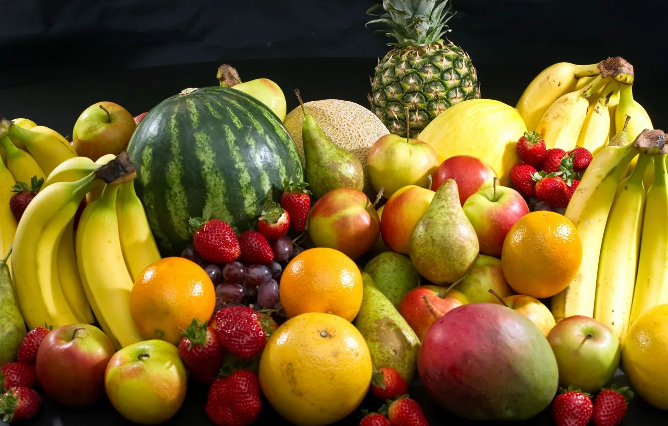 Фото обои яблоко, апельсин, арбуз, клубника, груша, фрукты, манго, ананас