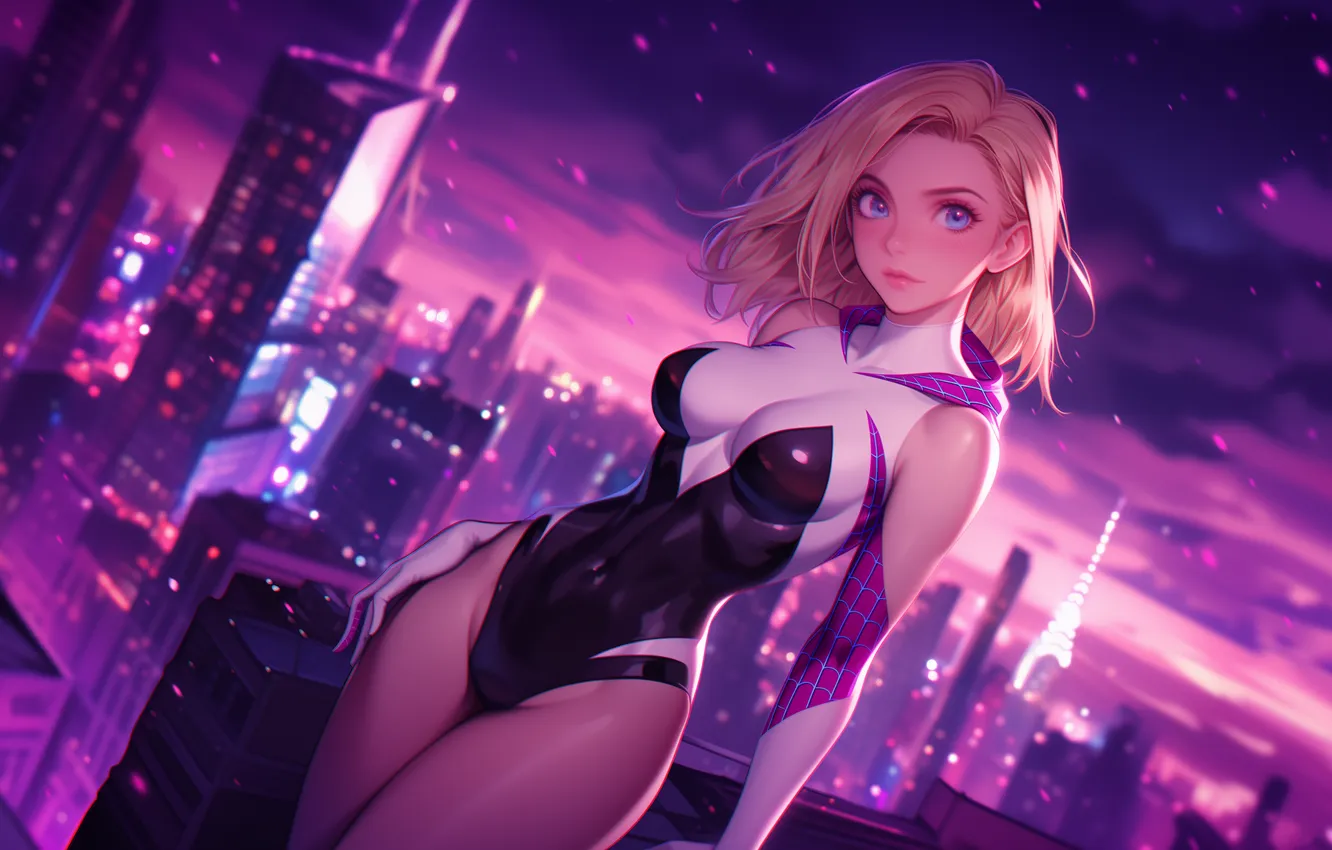Фото обои человек-паук, night, new york, spider man, gwen stacy, spider gwen, гвен стейси, гвен паук