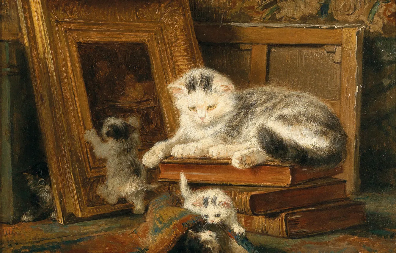 Фото обои кошка, масло, котята, Henriëtte Ronner-Knip, «Hide and seek»