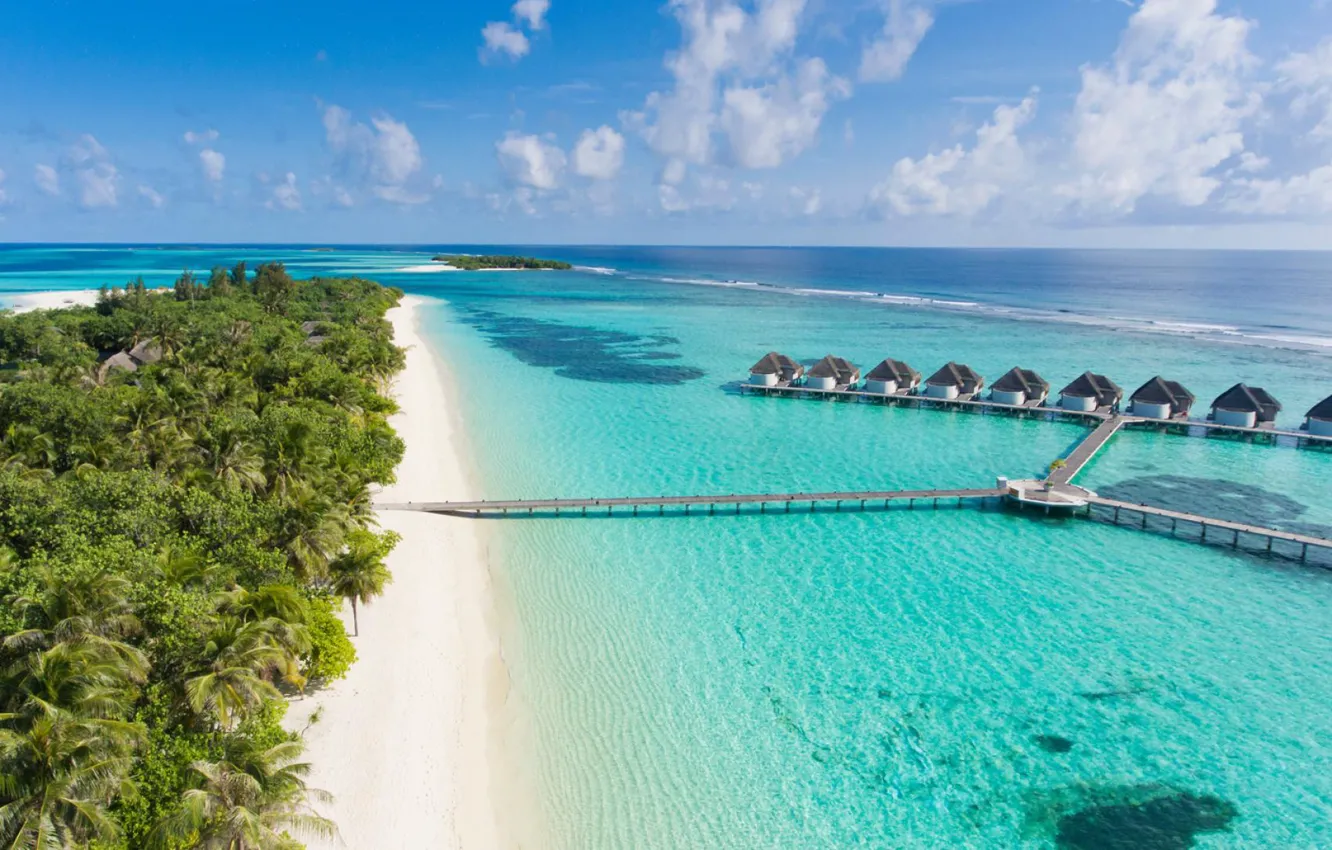 Фото обои пляж, пальмы, океан, Мальдивы, курорт, Maldives, Jumeirah Vittaveli, Kanuhura aerial
