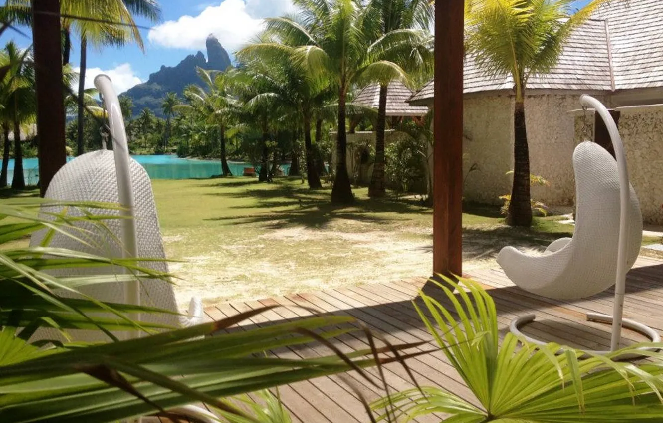 Фото обои тропики, пальмы, Полинезия, Бора-Бора, отель, курорт, экзотика, лагуна