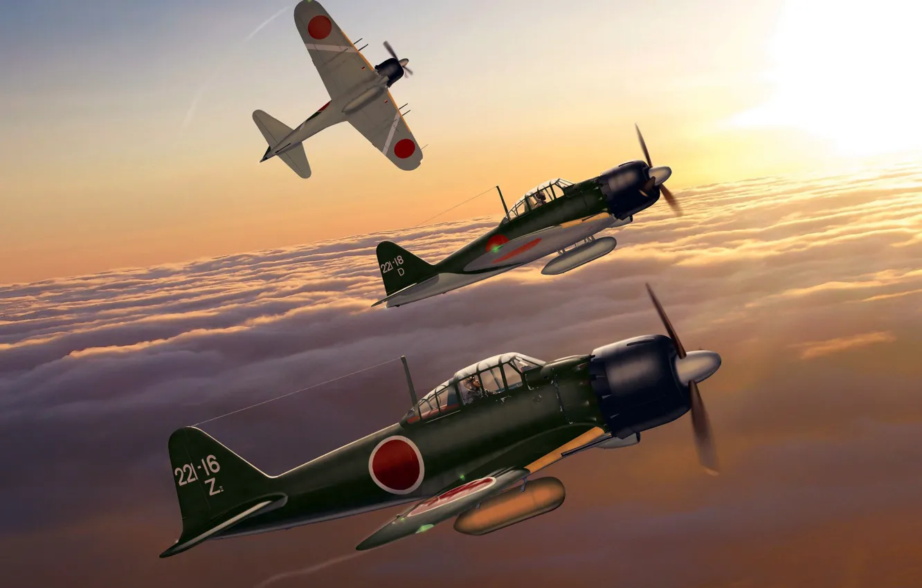 Фото обои Япония, арт, Mitsubishi, истребитель-перехватчик, WW2, A6M5 Zero, ВМС Императорской Японии