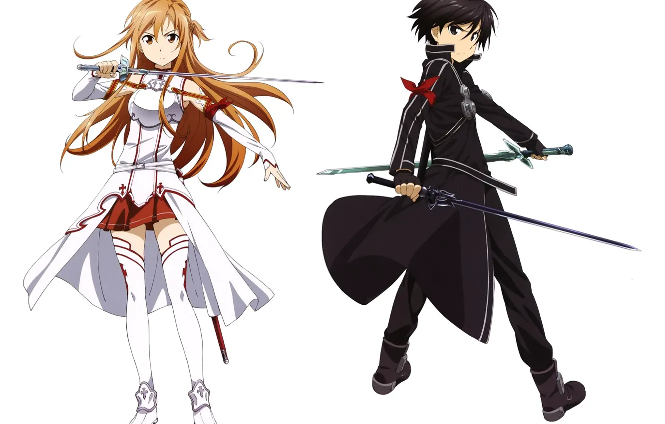 Фото обои белый фон, рыжая, плащ, Yuuki Asuna, Sword Art Online, Kirito, Kirigaya Kazuto, Мастера Меча Онлайн