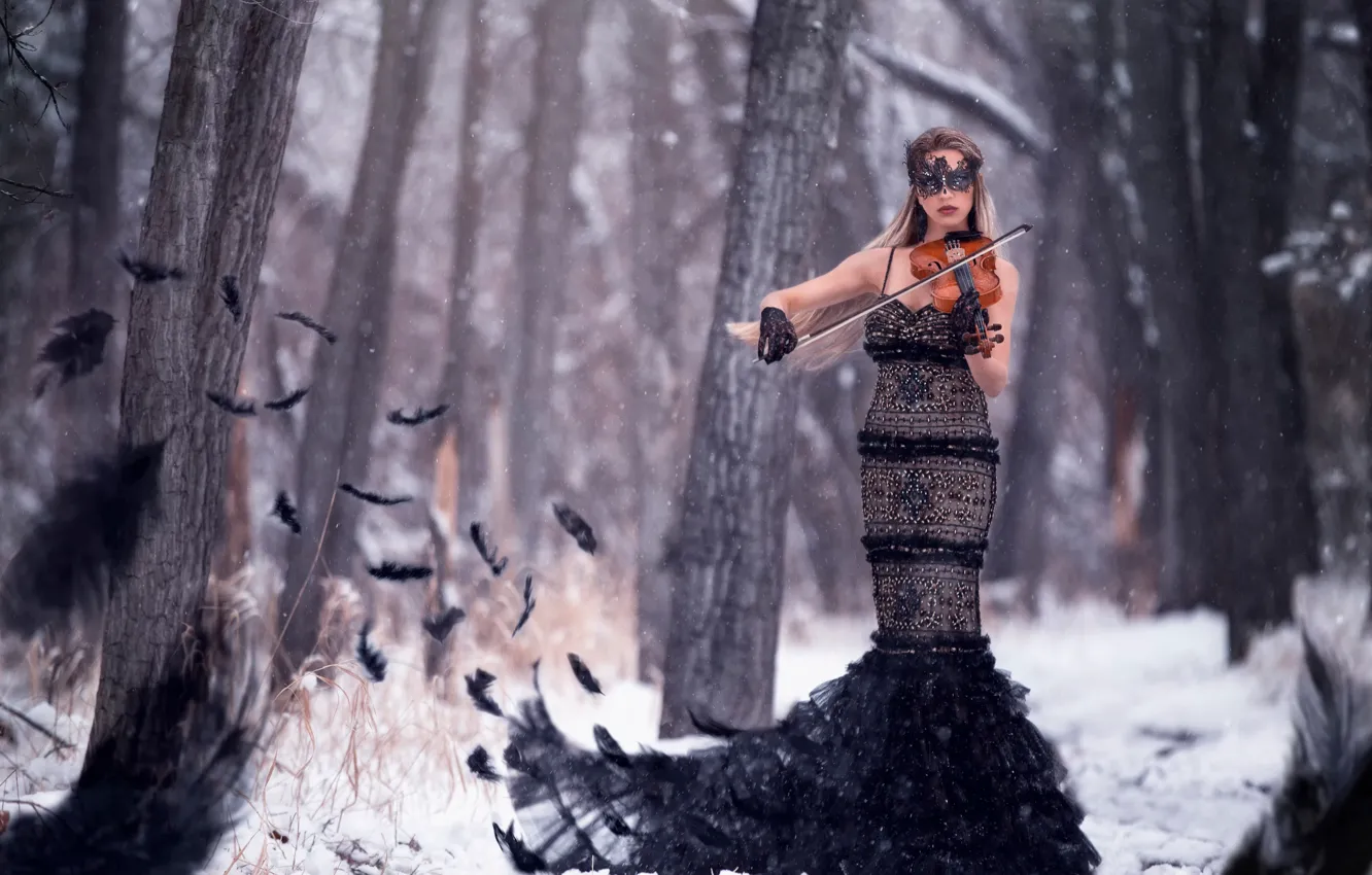 Фото обои лес, девушка, снег, птица, скрипка, перья, Symphony of the raven