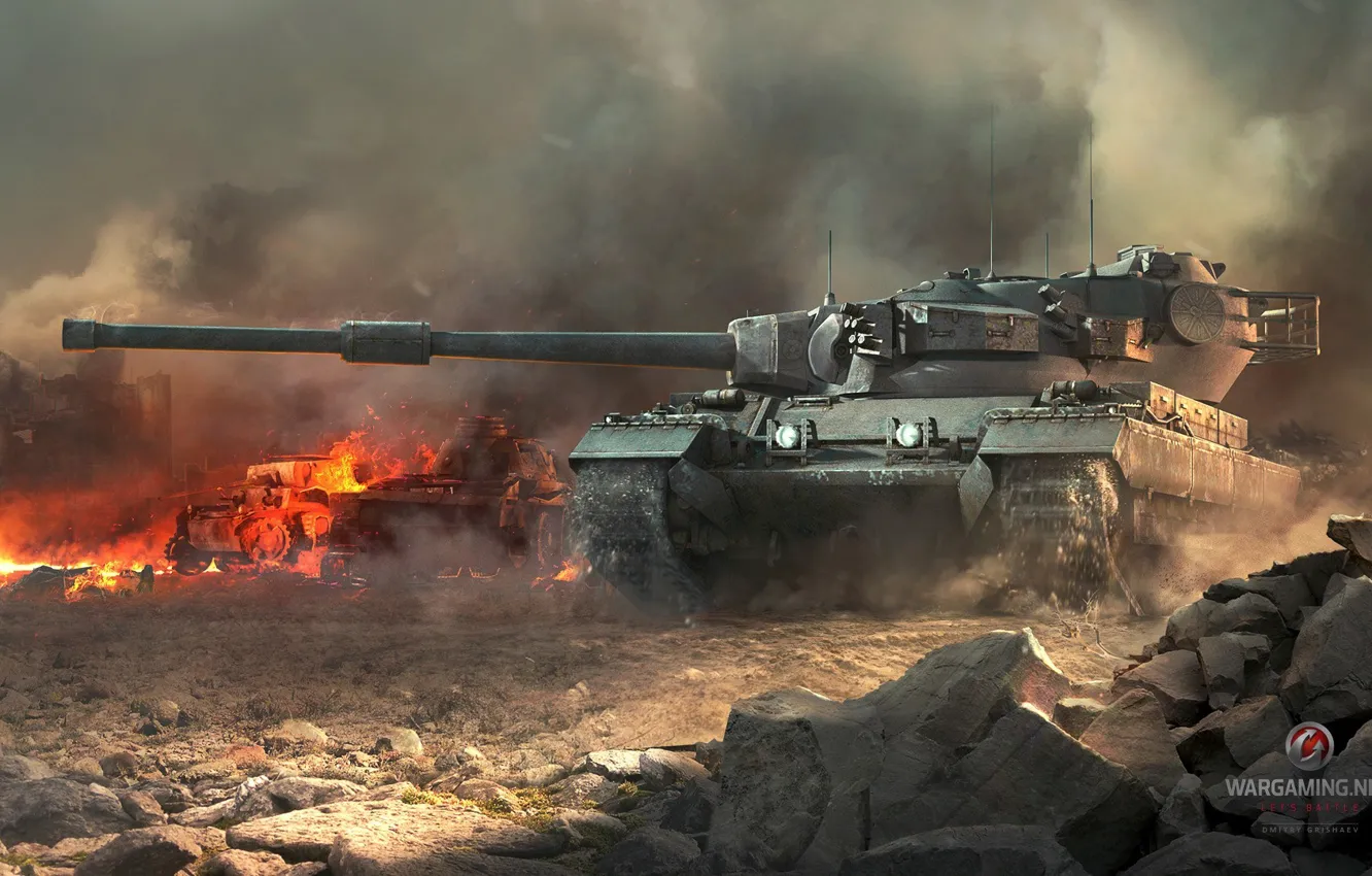 Фото обои пламя, война, дым, танк, World of tanks, WoT, мир танков, британский танк