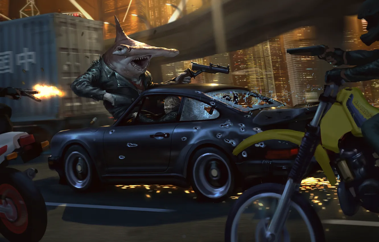 Фото обои погоня, акула, мотоцикл, стрельба