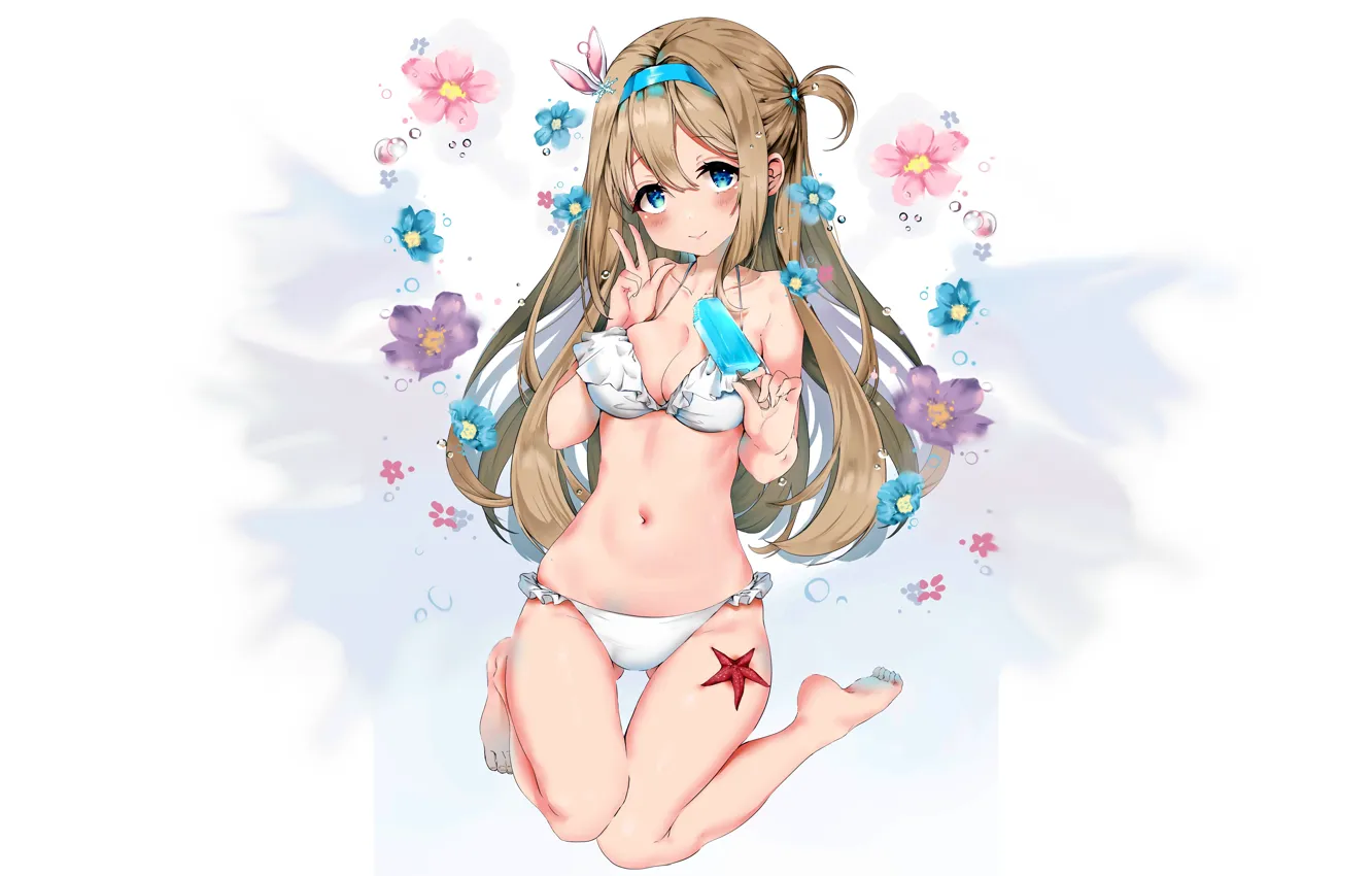 Фото обои girl, sexy, cleavage, long hair, boobs, anime, blue eyes, beautiful