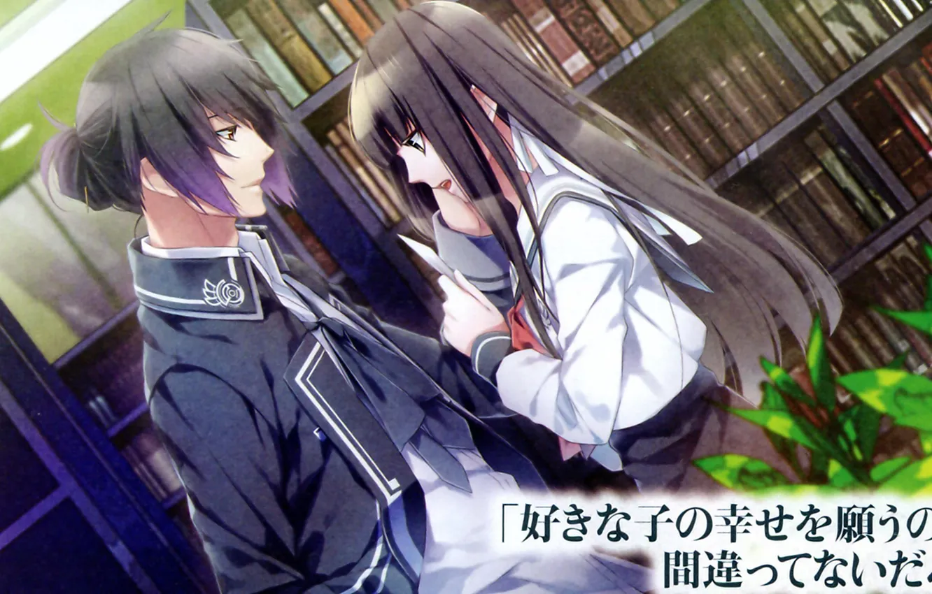 Фото обои книги, иероглифы, библиотека, двое, школьна форма, itsuki kagami, mikoto kuga, NORN9