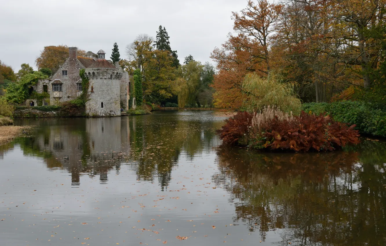 Фото обои Озеро, Fall, Autumn, Colors, Lake, Trees, Scotney Castle, Замок Скотни