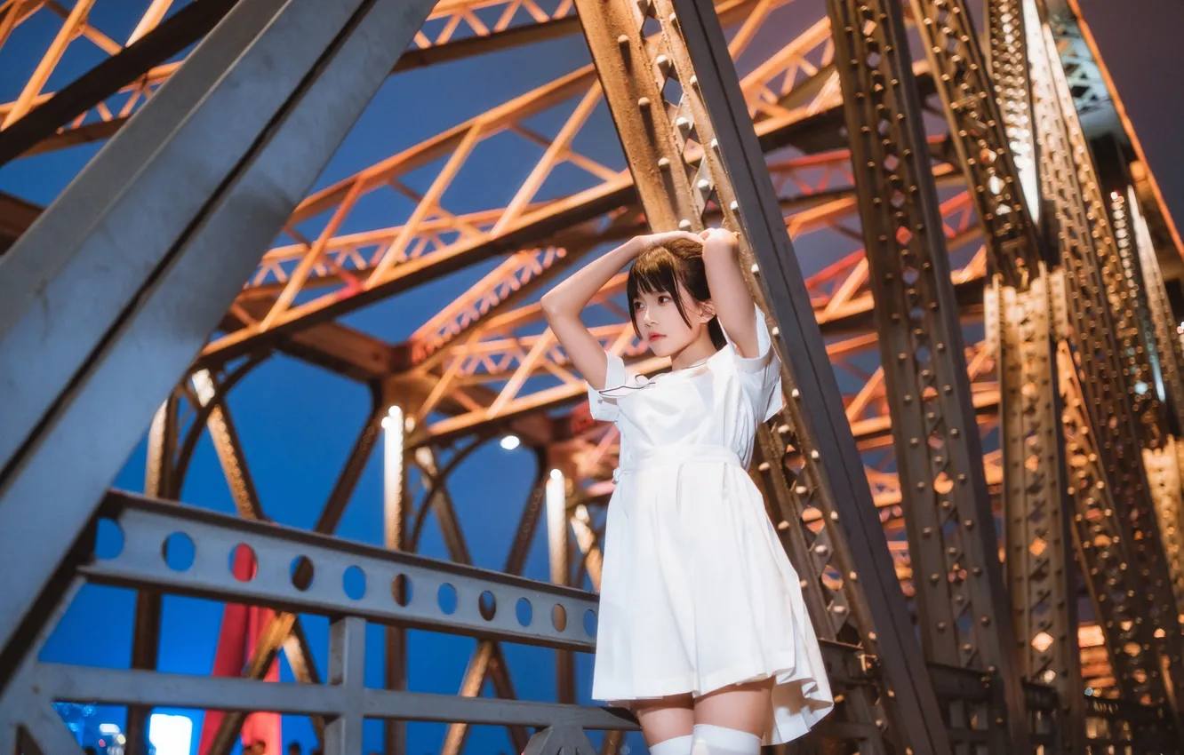 Фото обои Beautiful, Asian, Model, Bridge, Woman, Evening, Cute, Pretty