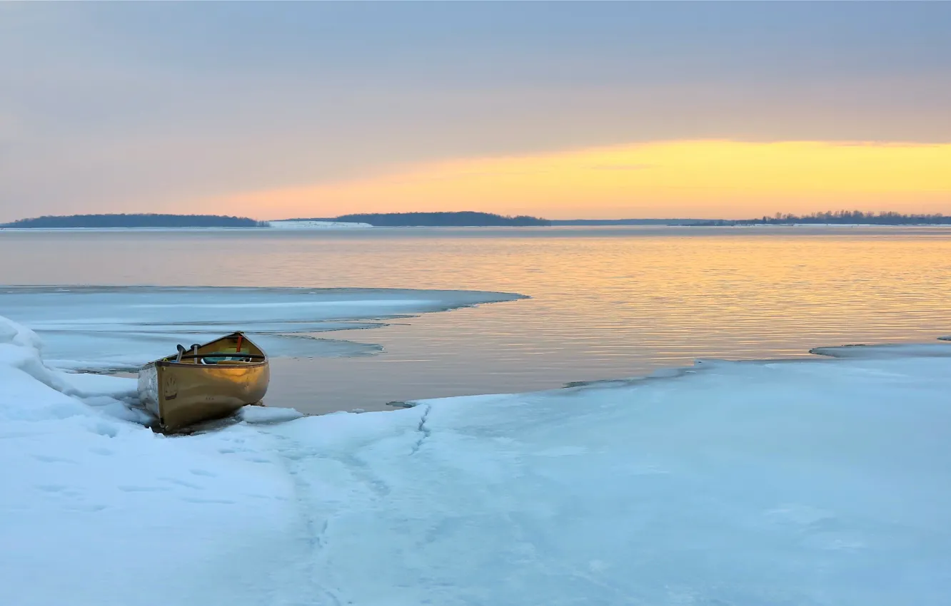 Фото обои Sunset, Ice, Lake, Boat