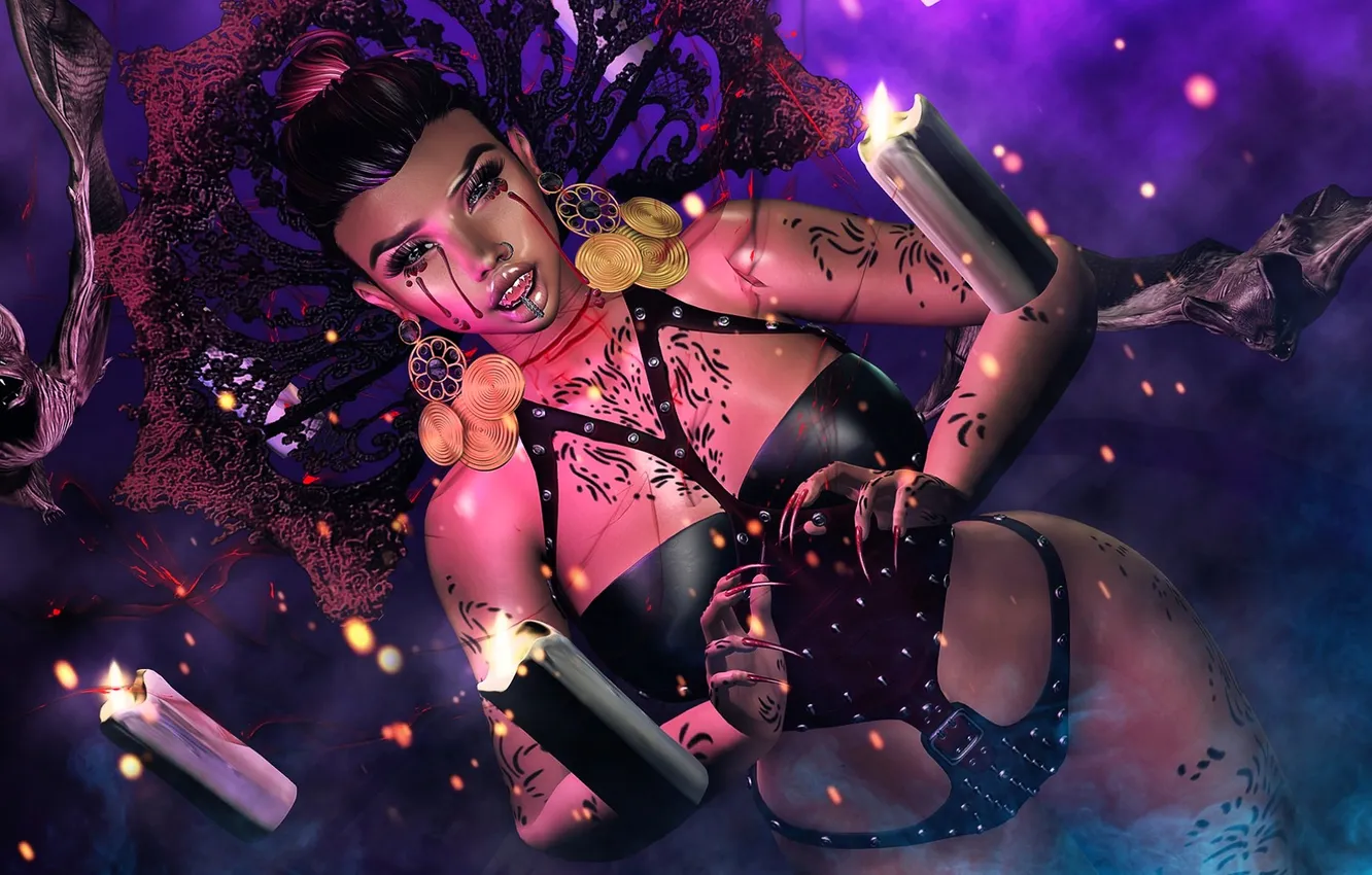 Фото обои девушка, магия, свечи, наряд, когти, летучая мышь, ведьма, колдовство