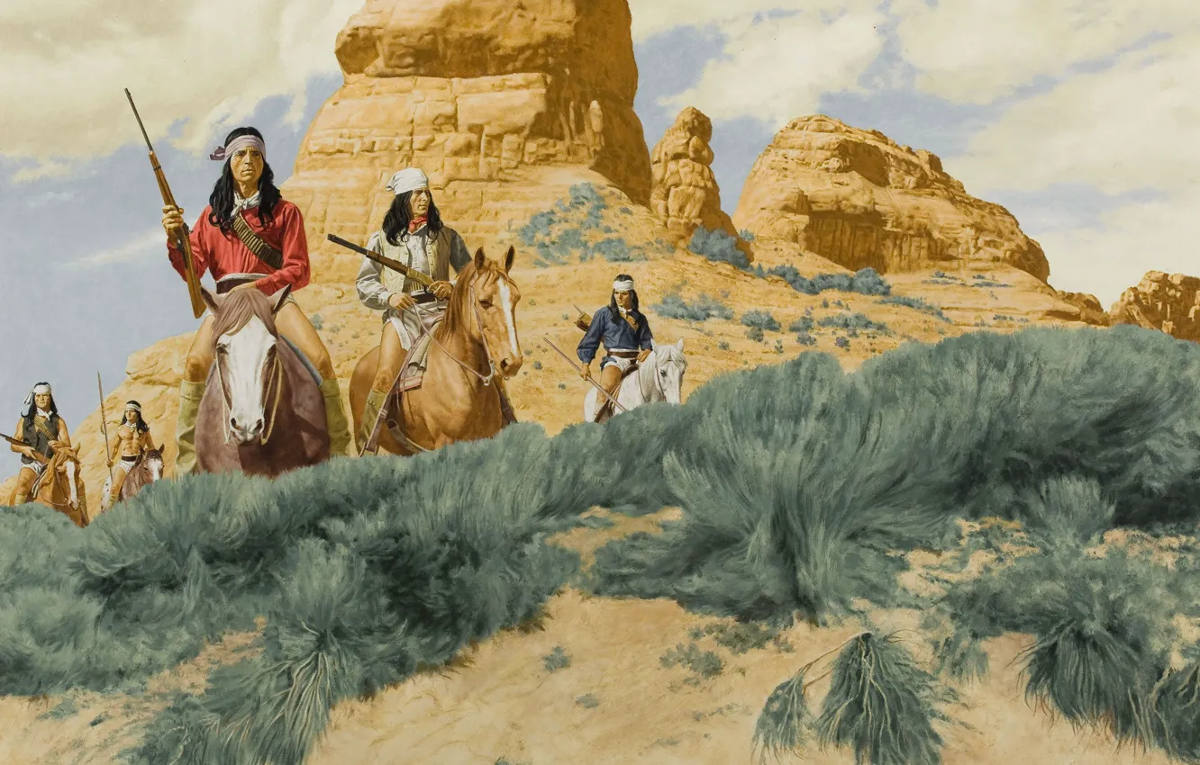 Фото обои рисунок, кони, ружья, индейцы, всадники