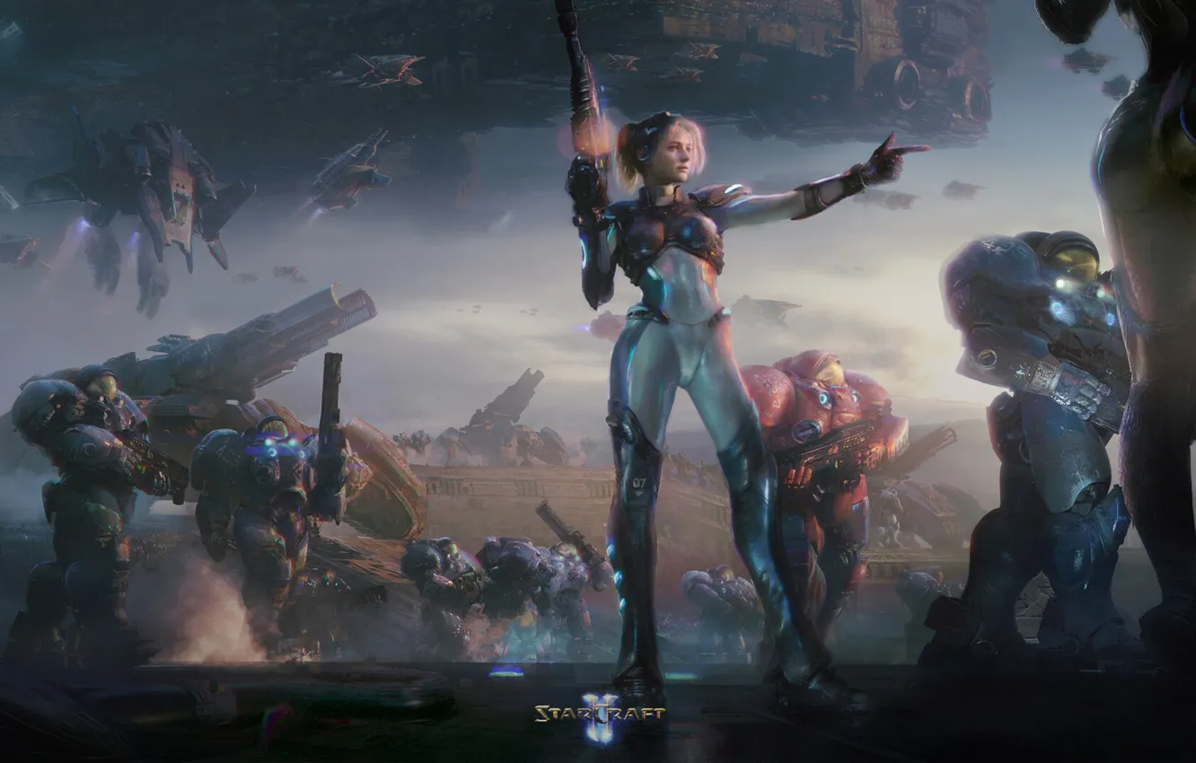 Фото обои попка, девушка, секси, армия, призрак, starcraft, танки, крейсер