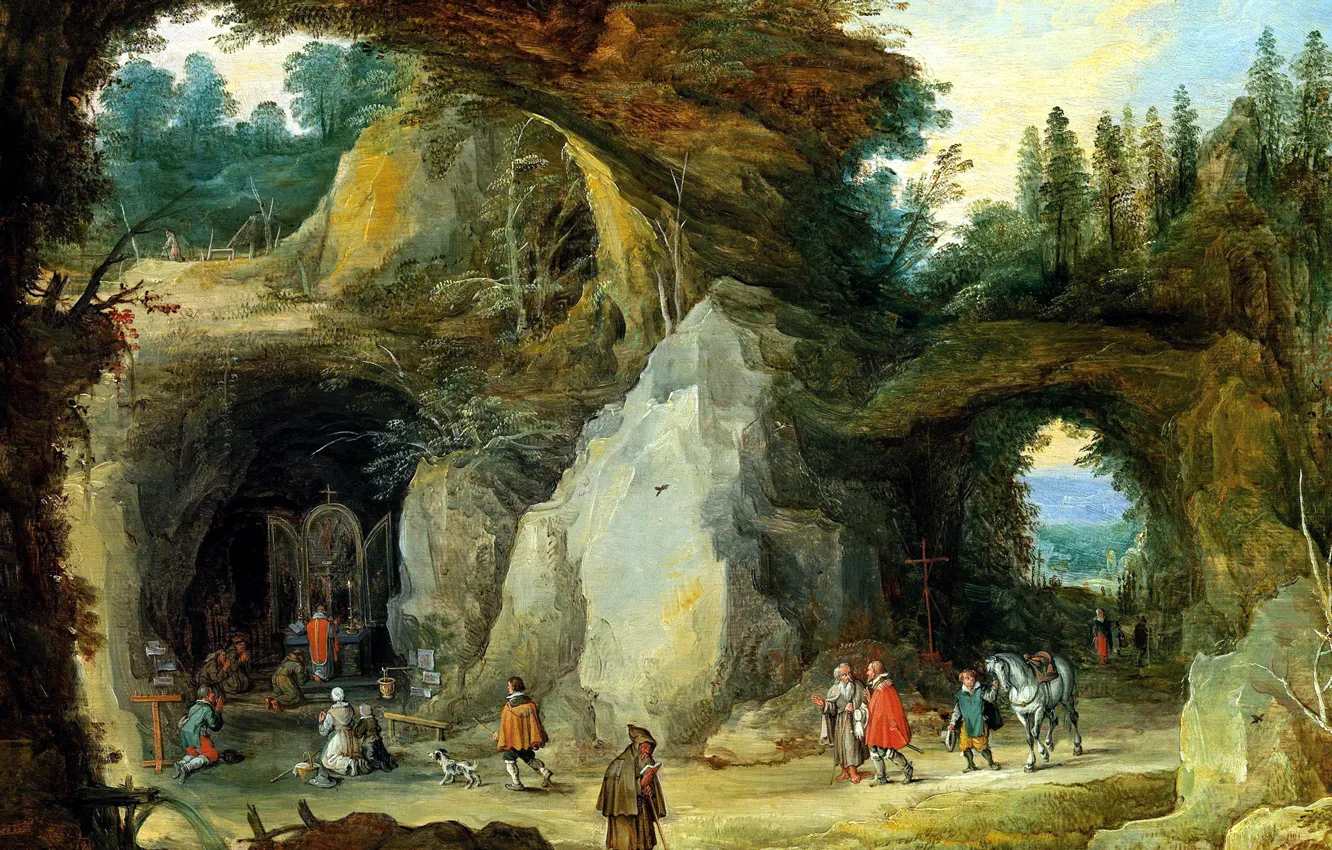 Фото обои картина, жанровая, Ян Брейгель старший, Горный Пейзаж с Пилигримами у Капеллы в Гроте