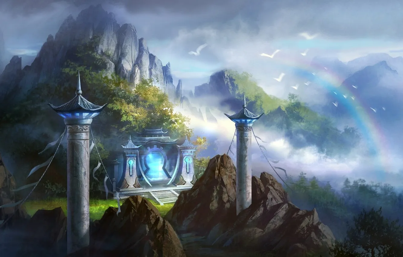 Фото обои пейзаж, горы, птицы, скалы, радуга, арт, колонны, храм