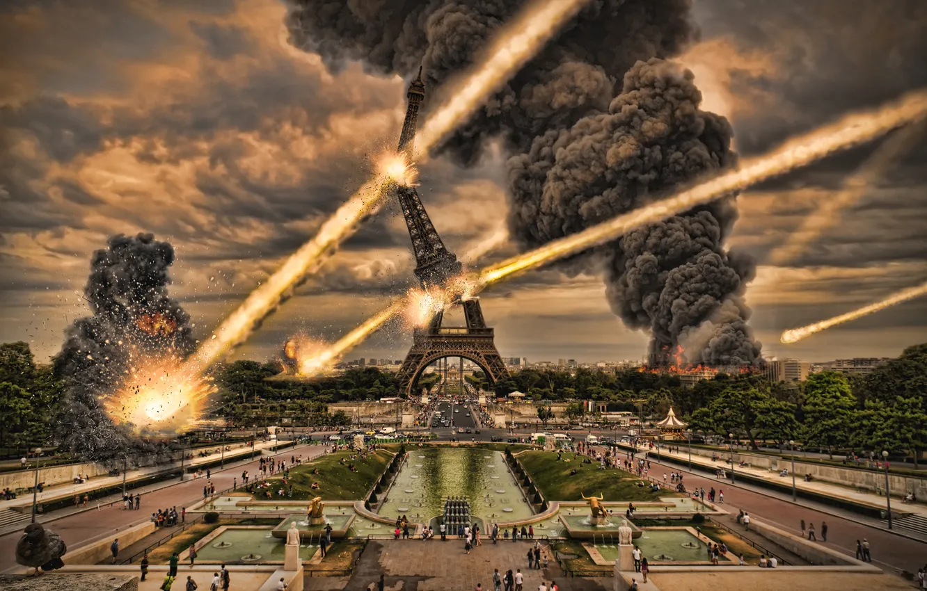 Фото обои город, огонь, дым, эйфелева башня, париж, метеориты, бедствие