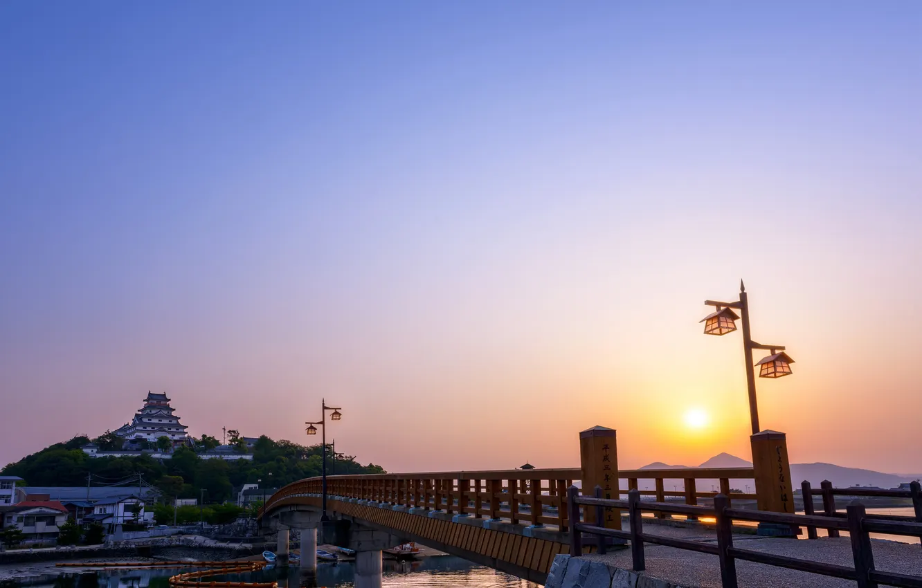Фото обои небо, солнце, мост, восход, замок, рассвет, утро, Япония