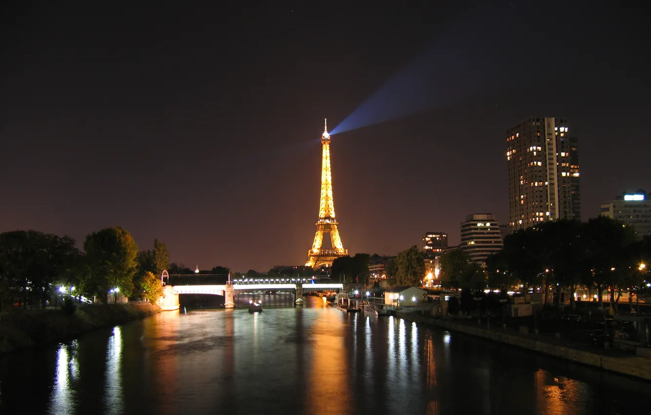 Фото обои ночь, огни, река, Франция, Париж, башня, дома, Сена