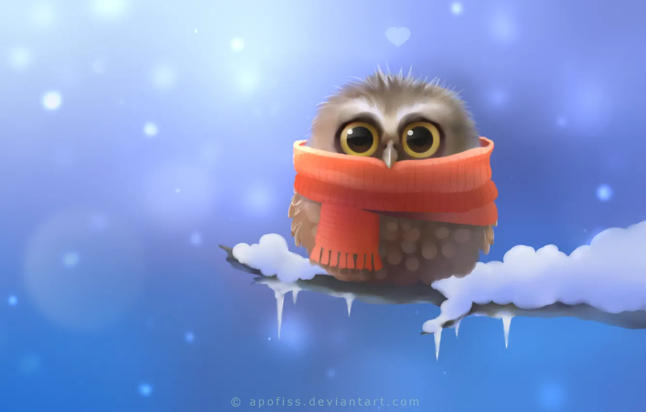 Фото обои снег, сова, птица, ветка, шарф, арт, сердечко, Apofiss