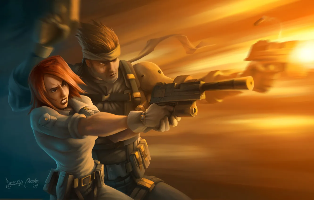 Фото обои девушка, пистолет, оружие, движение, мужик, арт, битва, Metal Gear Solid