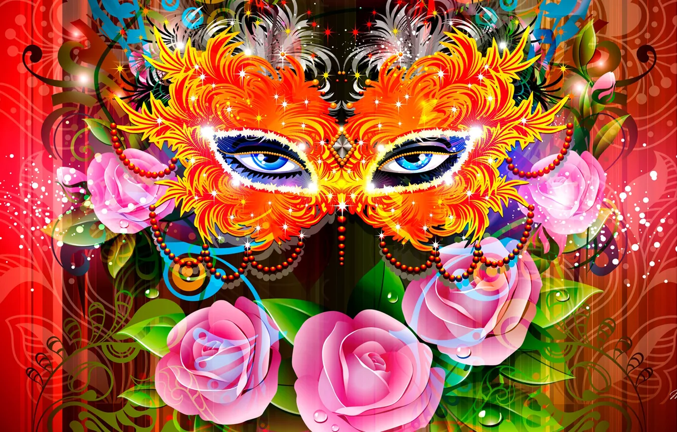 Фото обои глаза, цветы, абстракция, коллаж, маска, маскарад