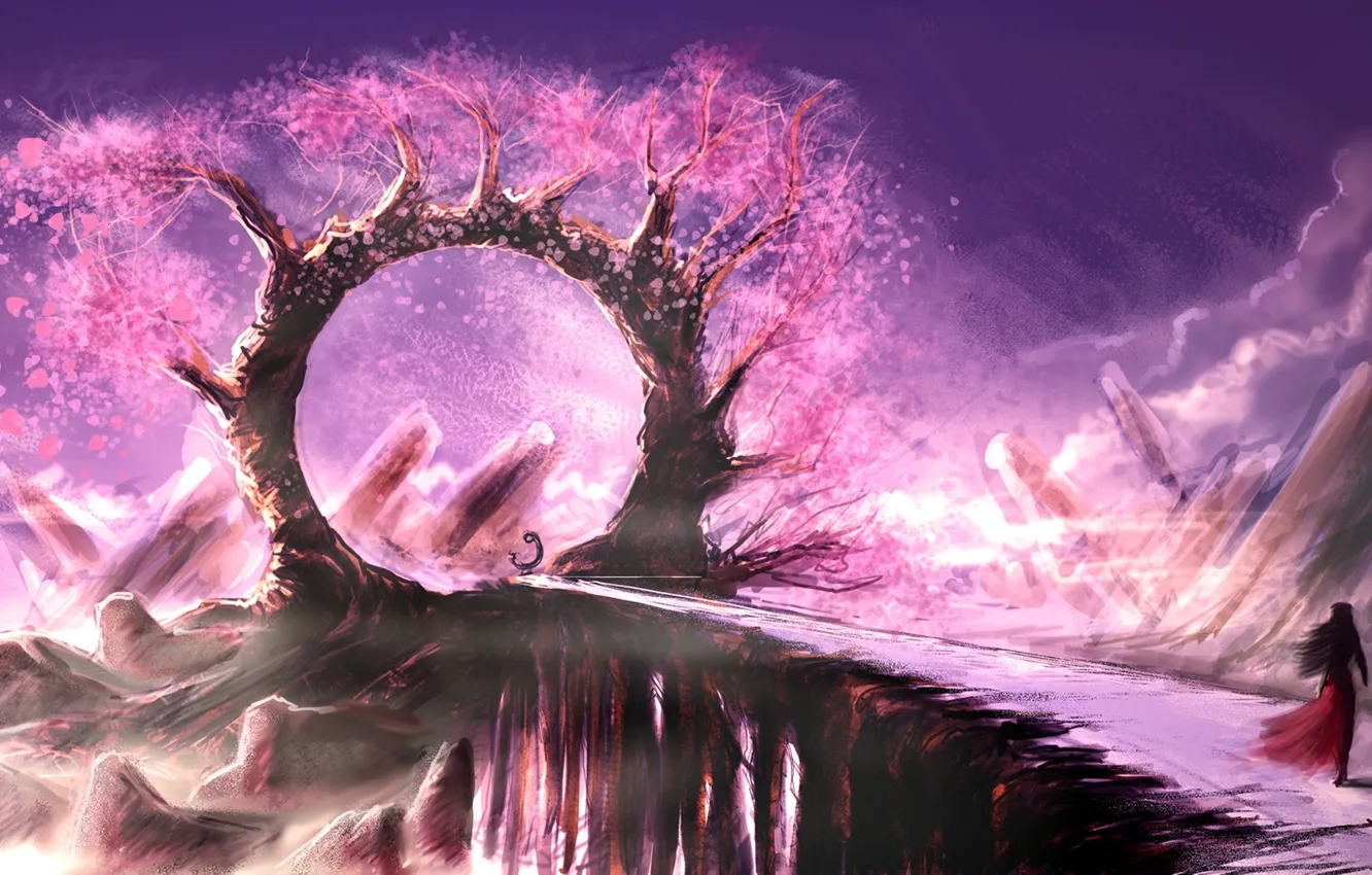 Фото обои листья, мост, дерево, скалы, Девушка, розовое, арка