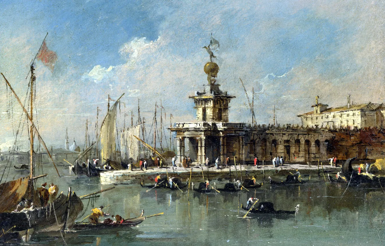 Фото обои пейзаж, лодка, Венеция, канал, таможня, Франческо Гварди, Francesco Lazzaro Guardi, Пунта делла Догана