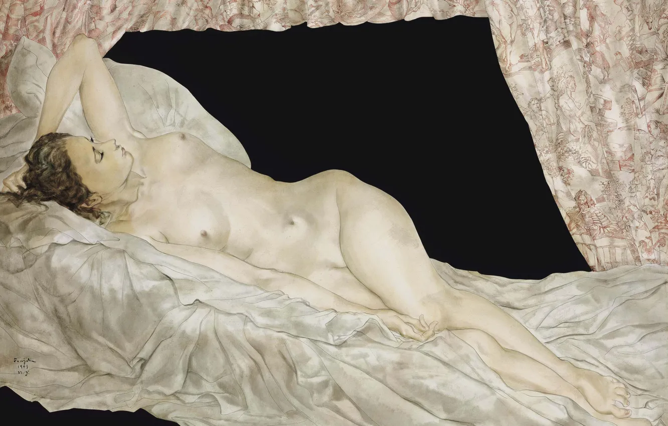 Фото обои грудь, женщина, голая, кровать, 1949, Цугухару, Фудзита, Лежащая обнаженная