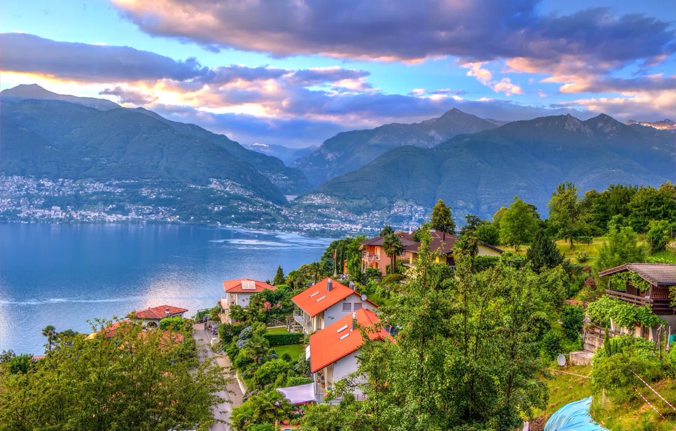 Фото обои горы, озеро, дома, Швейцария, Альпы, панорама, городок, Switzerland