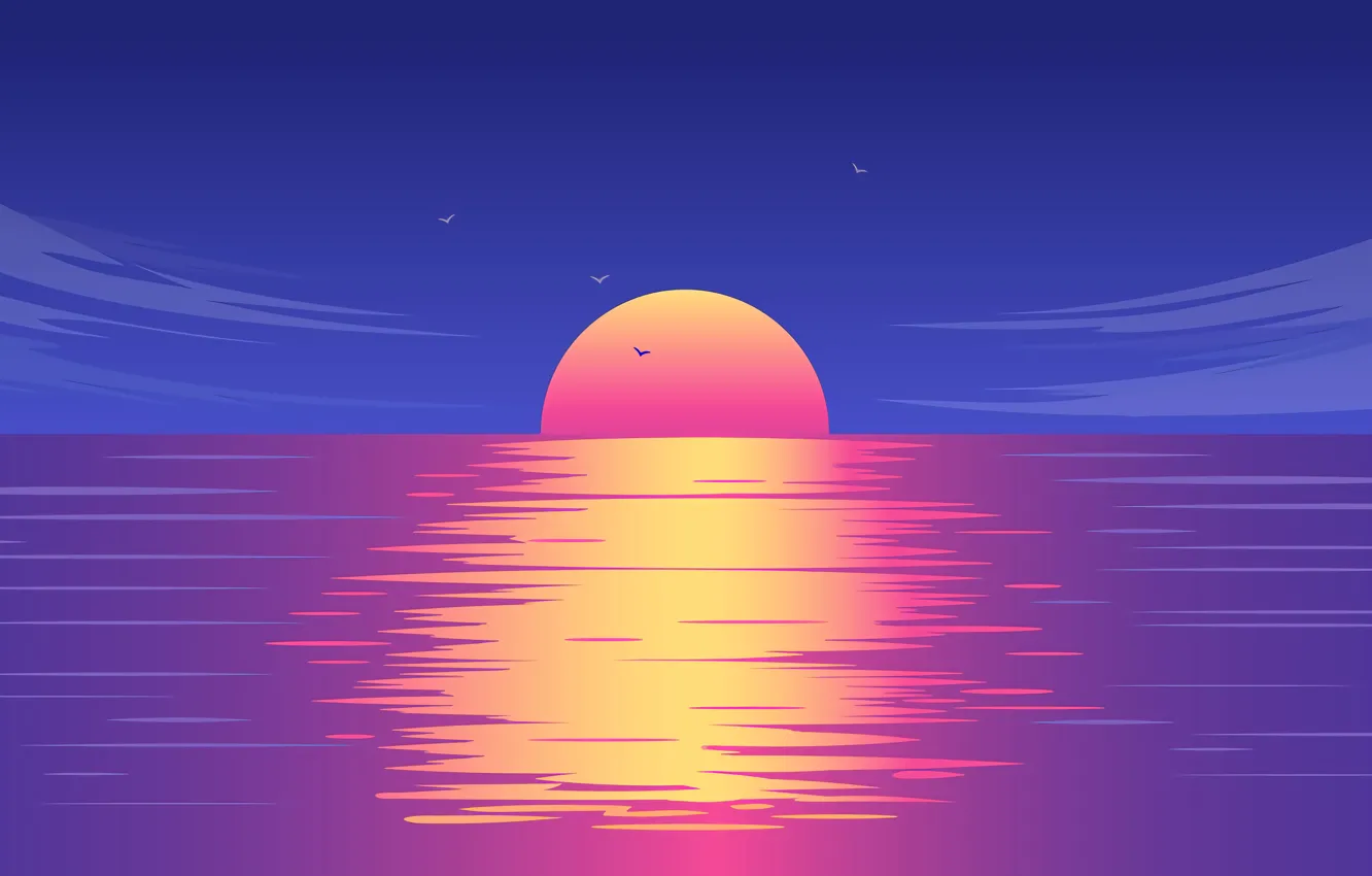 Фото обои Sun, Water, Sunset, Skyline, reflect, digital art, Ocean, Sea