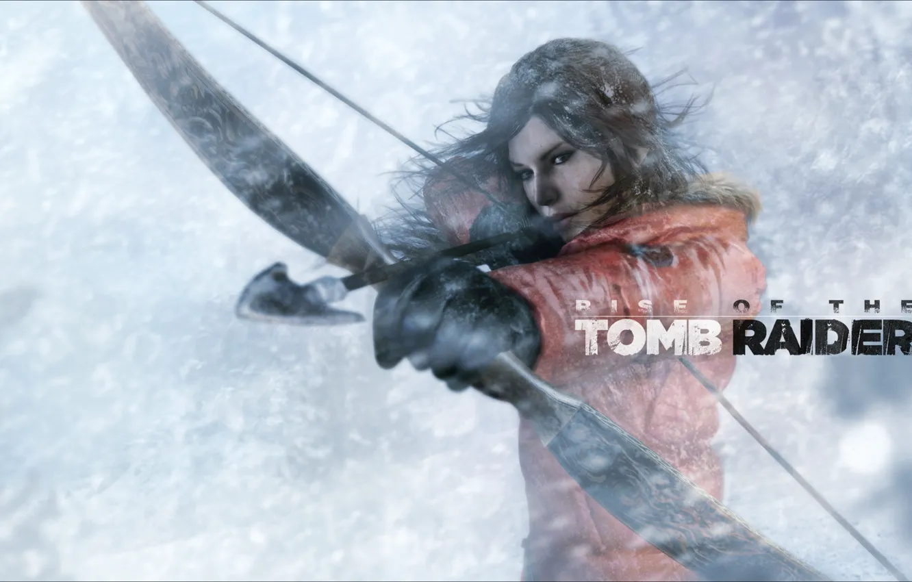 Фото обои девушка, снег, ветер, лук, стрела, lara croft, метель, tomb raider