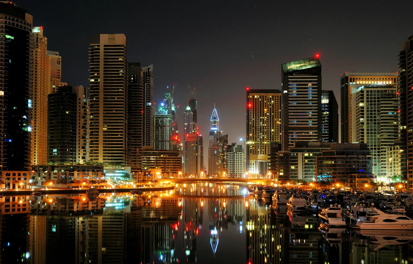 Фото обои ночь, city, яхты, порт, Дубай, катера, Dubai, высотки