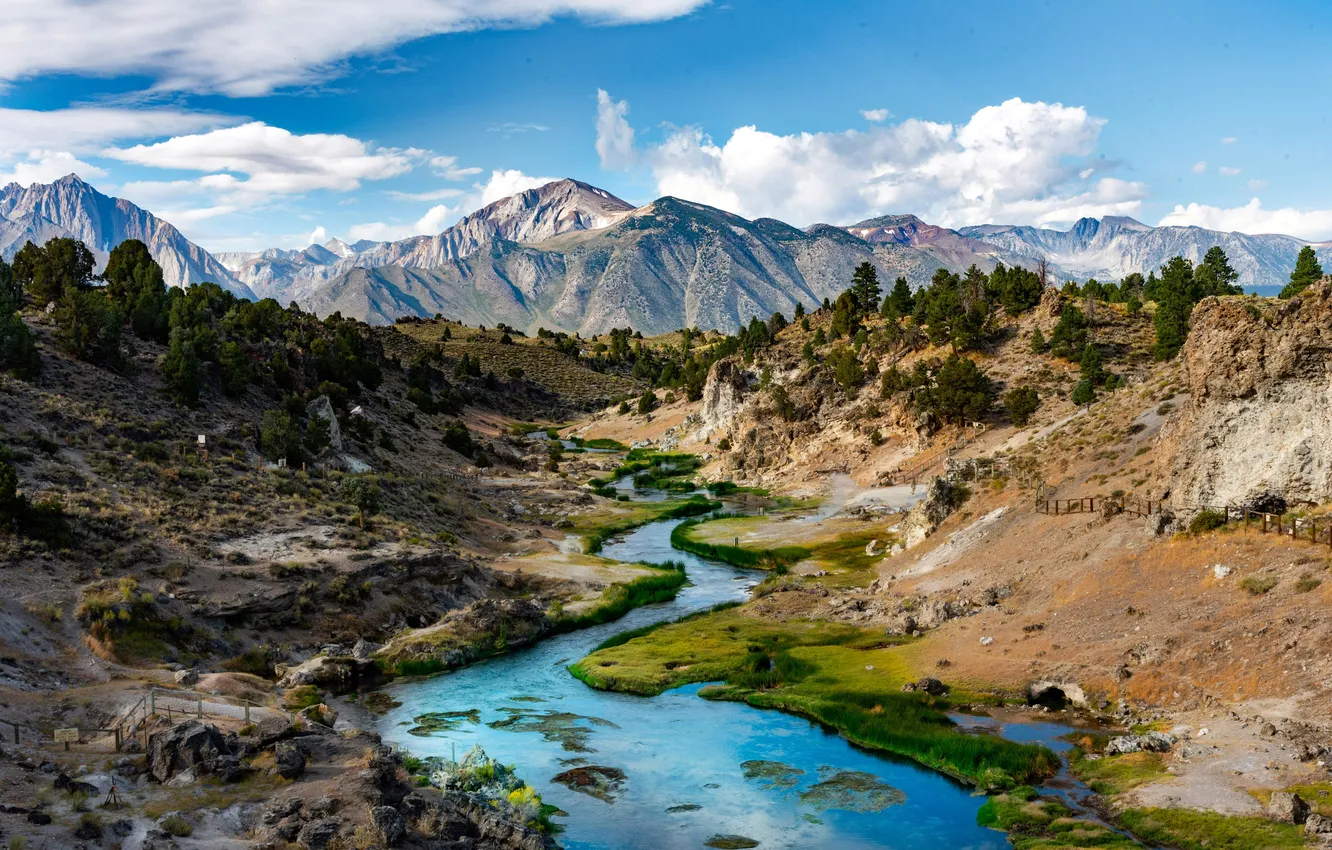 Фото обои река, Облака, Горы, Лес, Калифорния, USA, США, California
