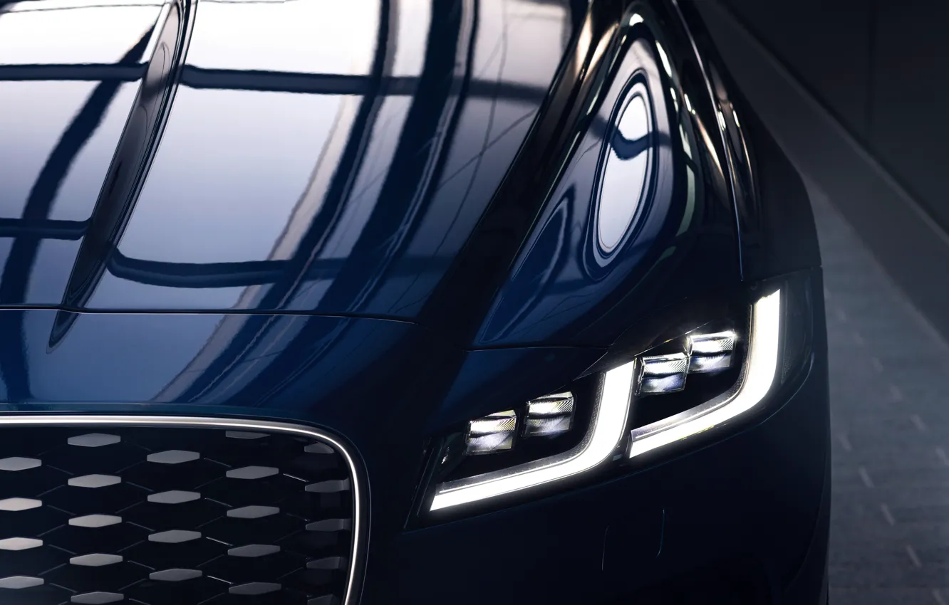 Фото обои отражение, Jaguar, фара, капот, решётка, седан, Jaguar XF, 2020