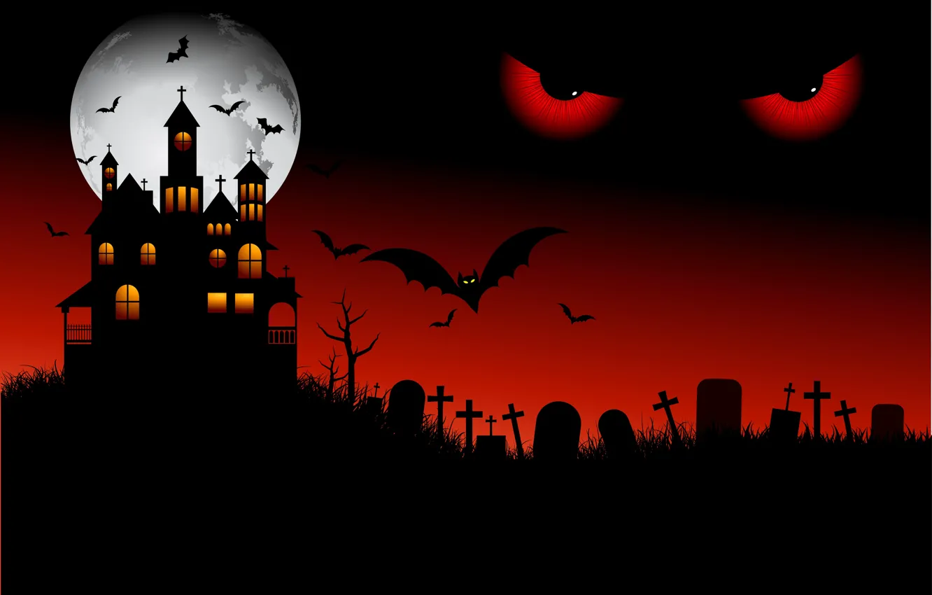 Фото обои Ночь, Луна, Замок, Глаза, Halloween, Хеллоуин, Кладбище, Страшно