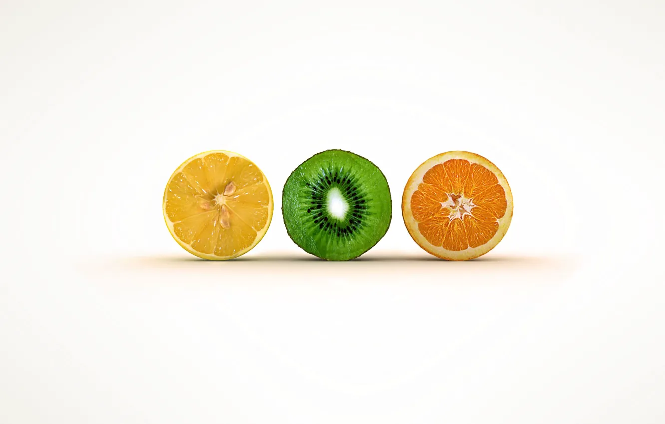Фото обои лимон, апельсин, киви, разрез