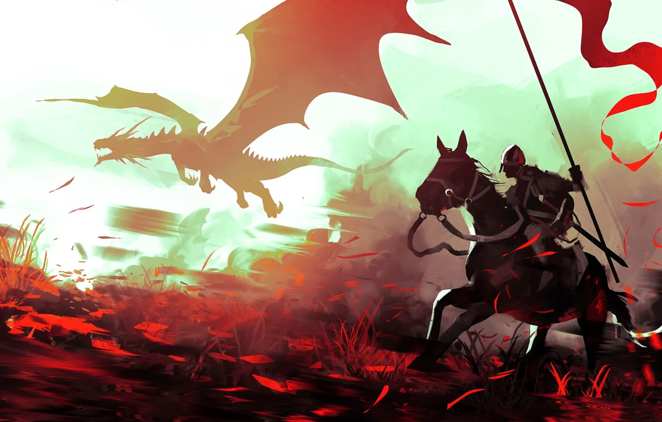 Фото обои fantasy, dragon, horse, digital art, artwork, fantasy art, Knight, spear