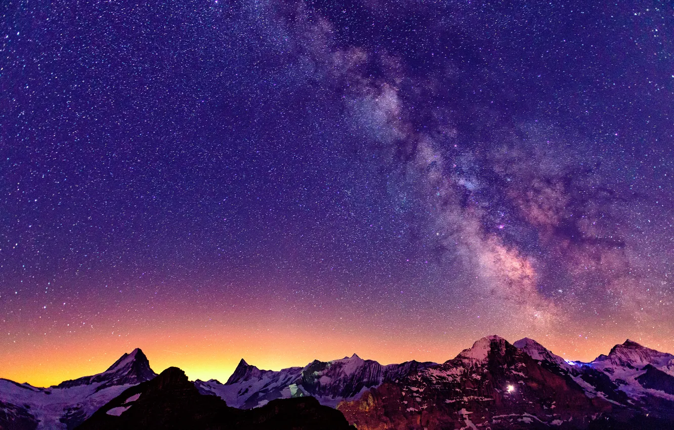 Фото обои небо, звезды, свет, горы, ночь, Швейцария, Альпы, млечный путь