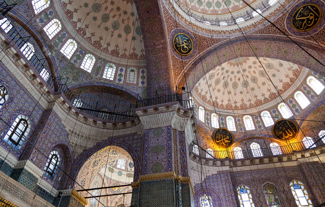 Фото обои узор, арка, архитектура, купол, религия, Стамбул, колонна, новая мечеть