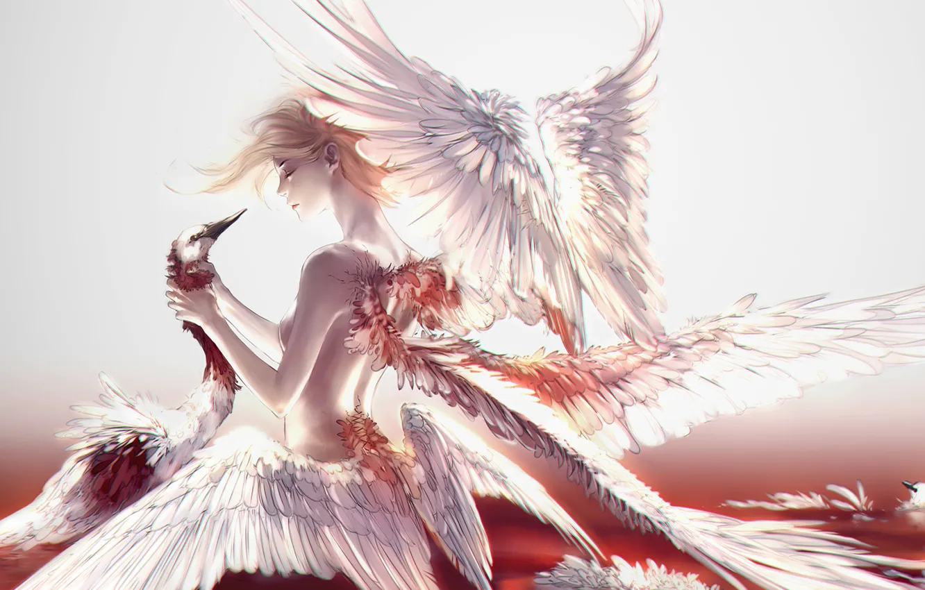 Фото обои girl, blood, fantasy, swan, wings, feathers, birds, Angel